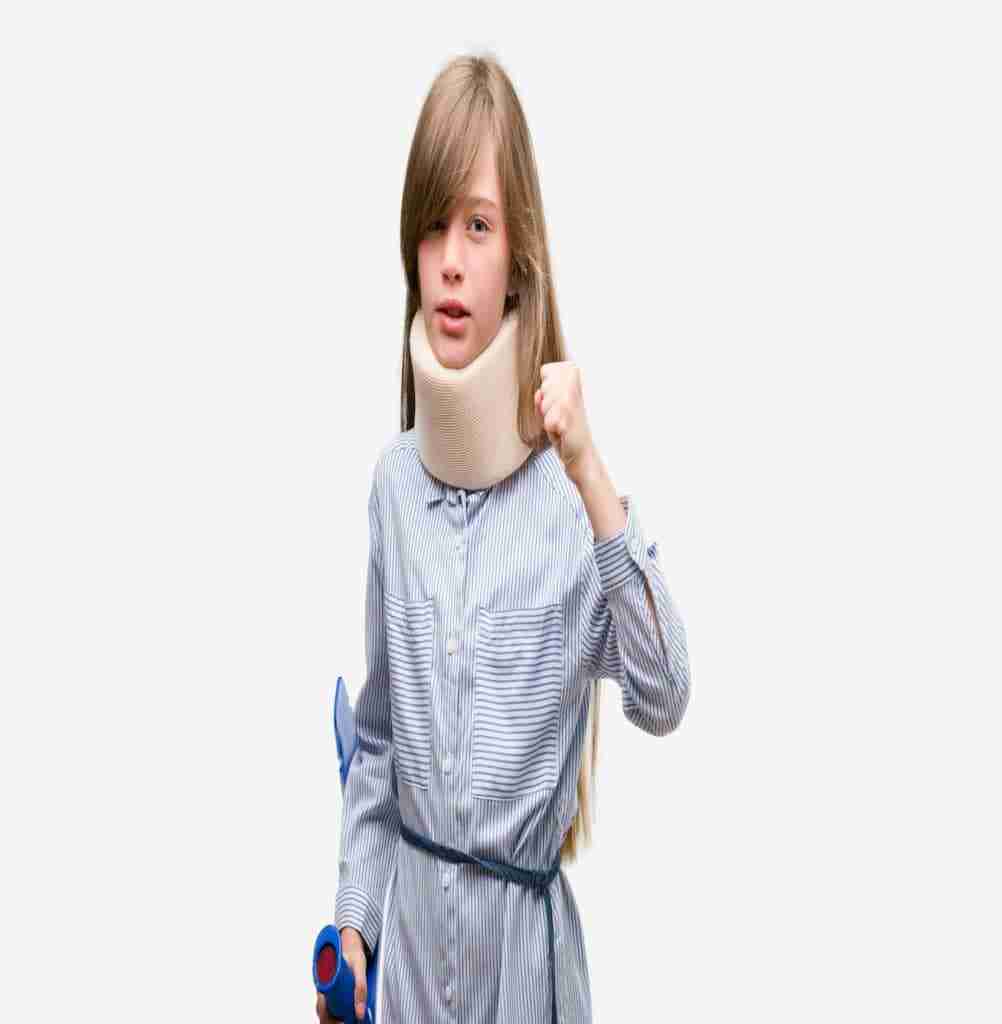 Young blonde child injured wearing neck collar and crutches annoyed and frustrated shouting with ang