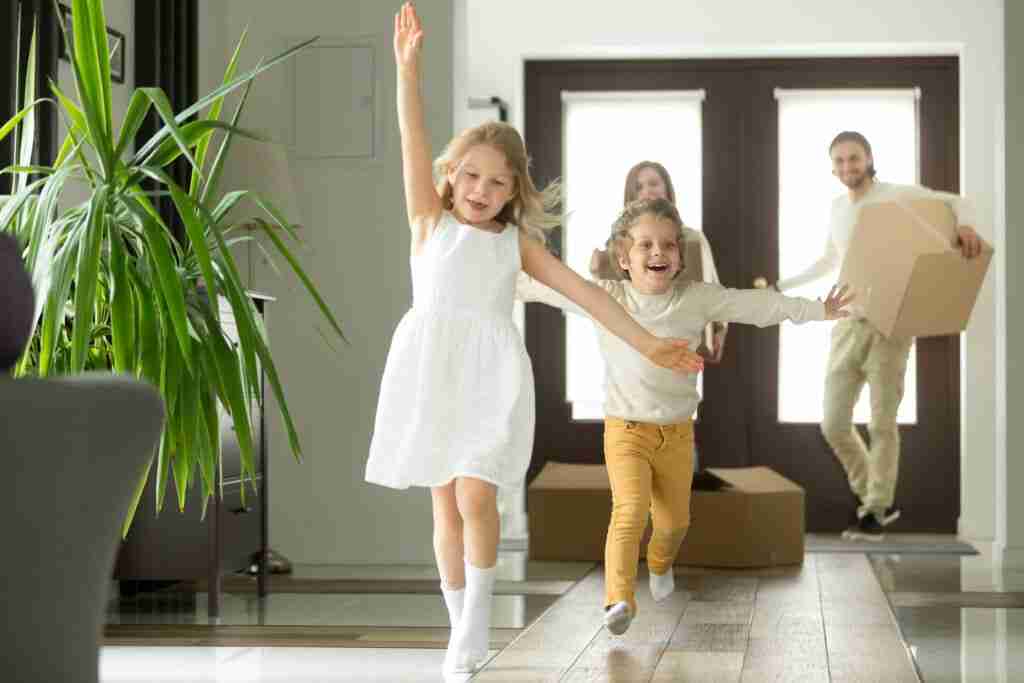 Excited Funny Kids Boy And Girl Running Inside Luxury Big Modern