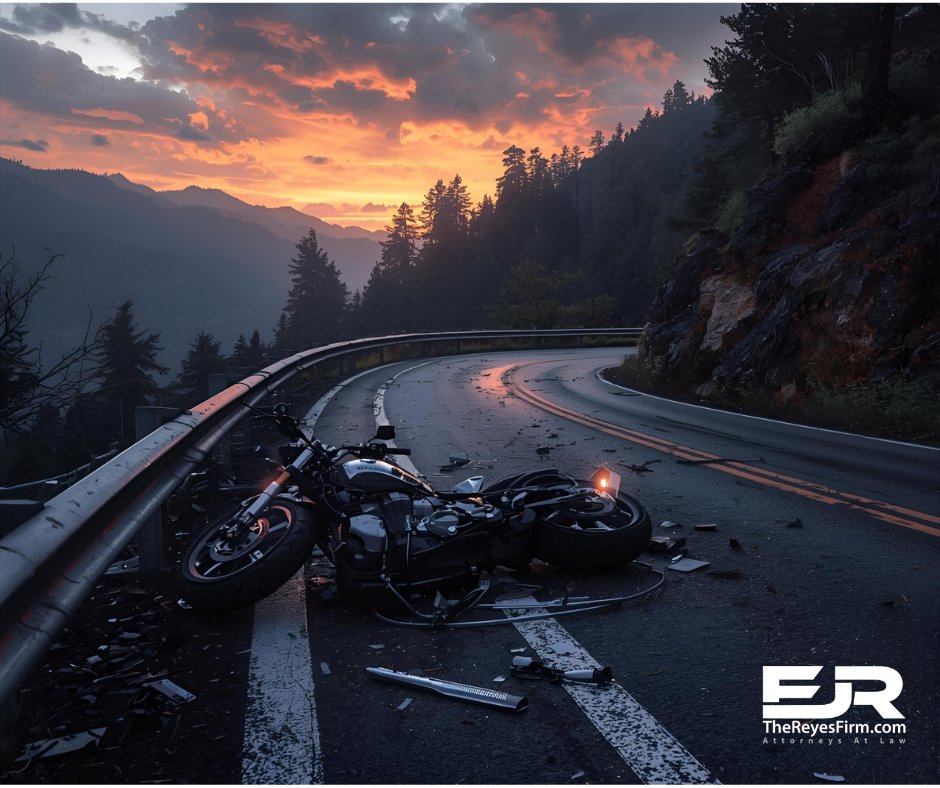 Wrecked motorcycle on a curved Florida roadway at dusk, used to illustrate a Hernando County U.S. 301 motorcyclist death.