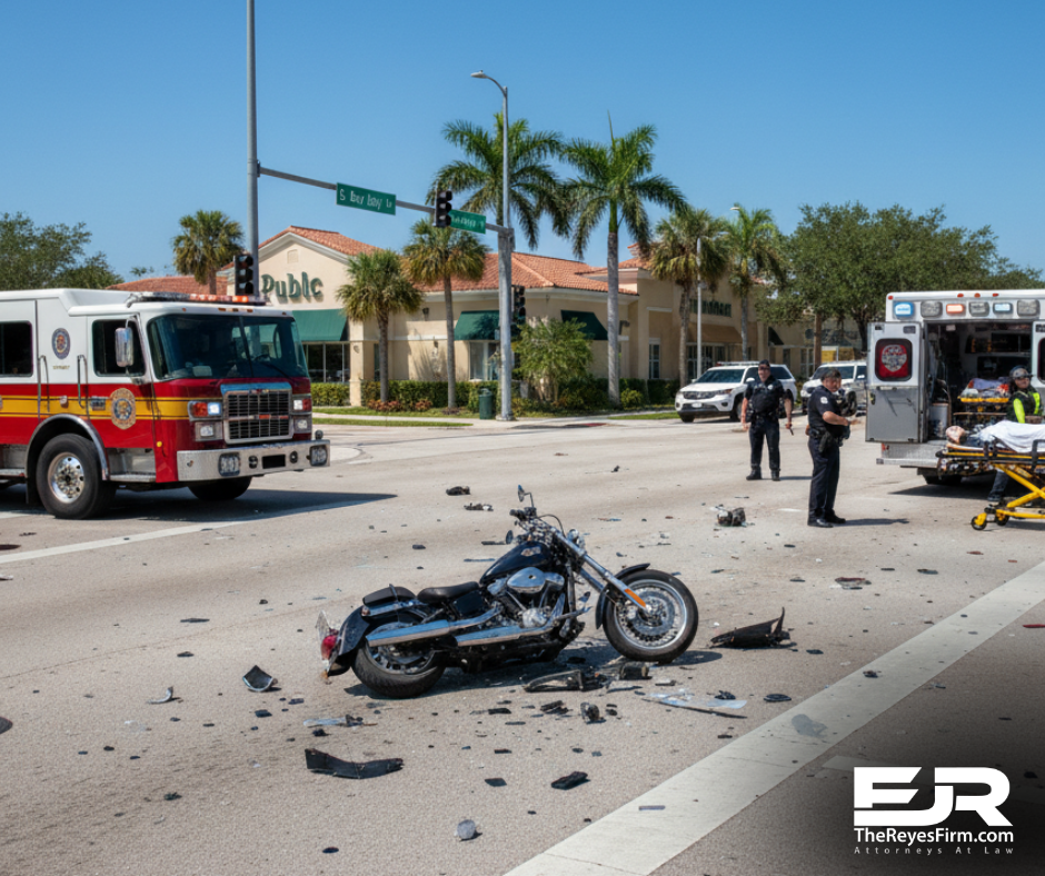 Motorcycle crash response scene, representing an accident at Bay to Bay Blvd and S. Manhattan Ave in South Tampa.