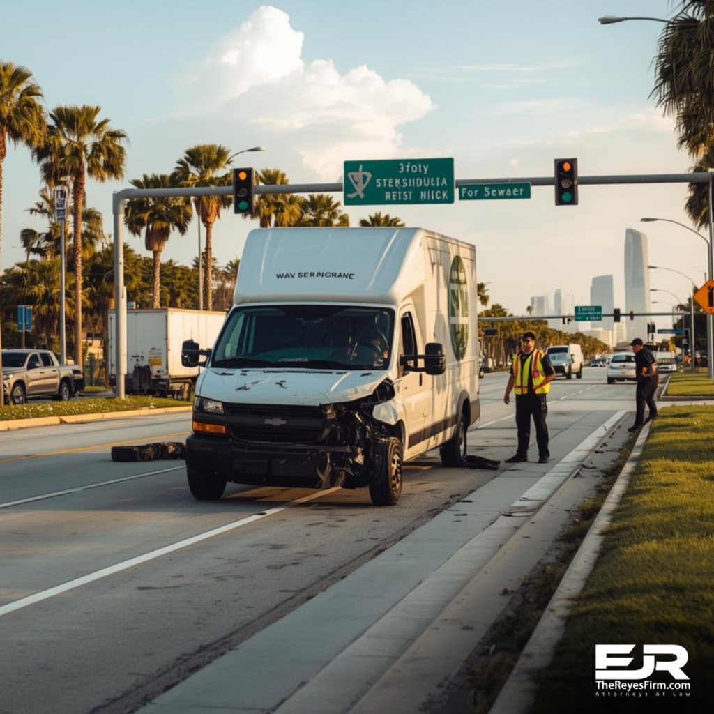 Damaged commercial van after company-caused car crash on a Tampa road, with traffic crew assessing the scene