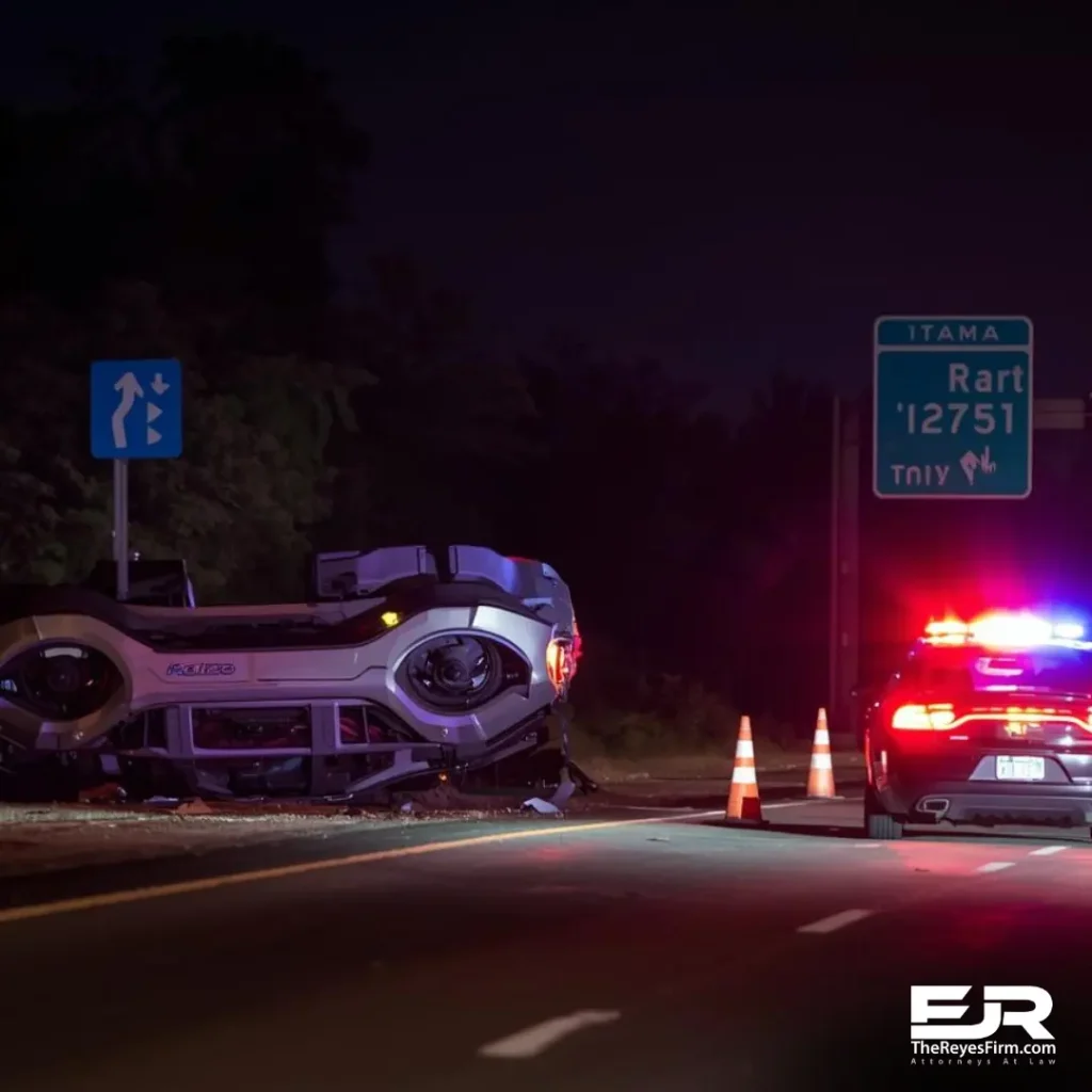 Overturned SUV at night with police lights on a Tampa highway, representing a DUI rollover crash on I-275.