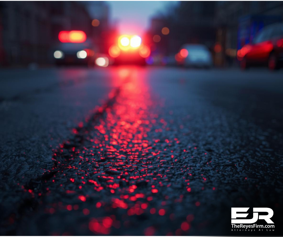 Blurred emergency lights reflecting on wet roadway at night, representing a Winter Haven T-bone crash in Polk County, Florida.