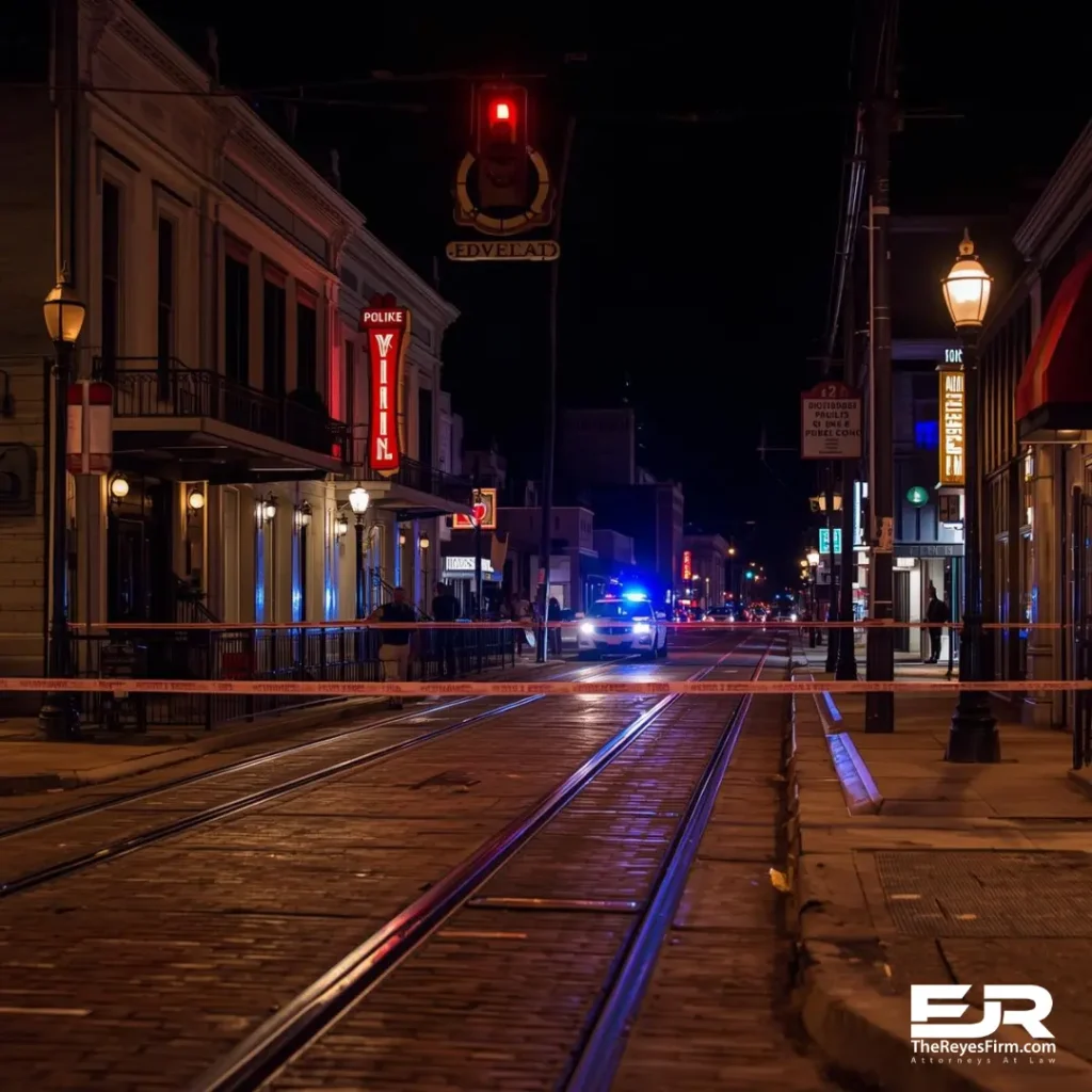 Nighttime street scene with police lights and caution tape in Ybor City, representing a pedestrian crash on E 7th Avenue in Tampa.