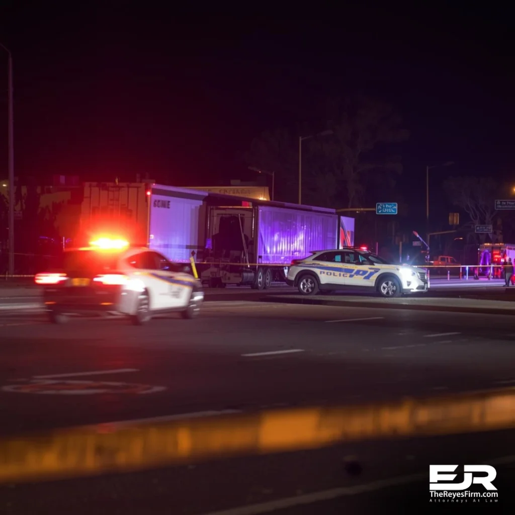 Scene of a fatal semi-truck crash in Tampa showing emergency response vehicles and police lights at night on Adamo Drive.