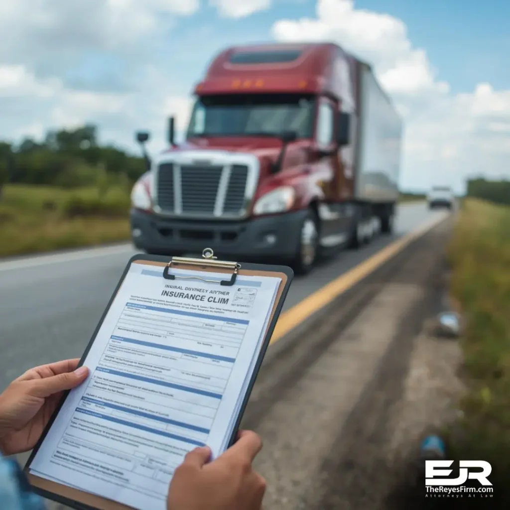 Florida semi-truck accident insurance claim paperwork with a semi truck on a highway in Tampa Florida