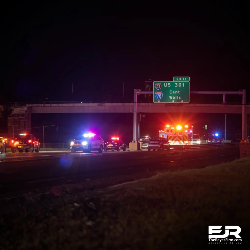 Emergency vehicles with flashing lights near a US 301 sign by the Selmon Expressway, representing a crash in Hillsborough County, Florida.