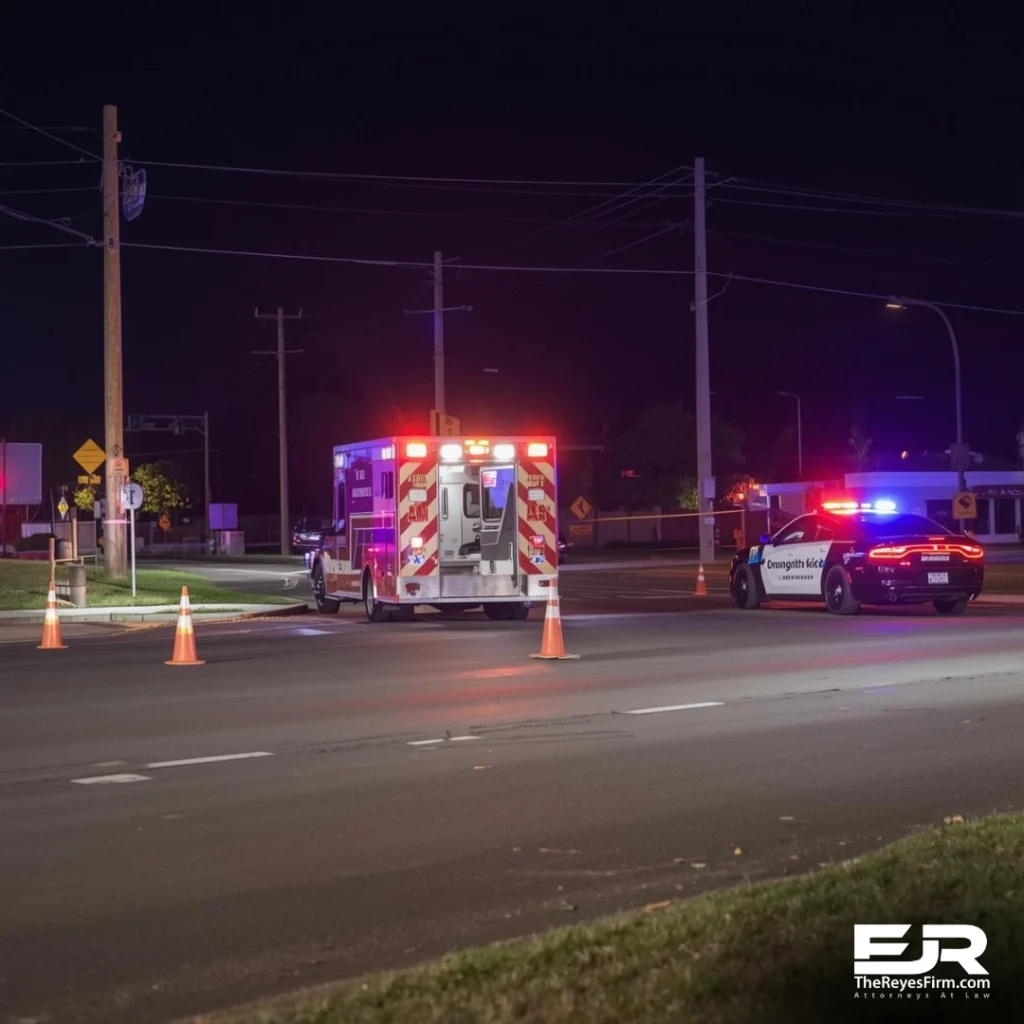 Ambulance and police car with flashing lights at a nighttime intersection, representing an ambulance crash in Haines City, Polk County, Florida.