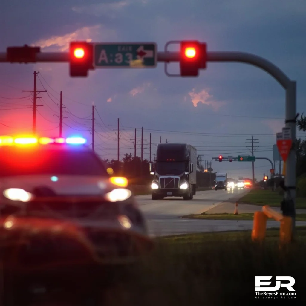 Police lights at a US-1 intersection with a semi-truck in the distance, representing a fatal pedestrian crash in Port St. Lucie, Florida.