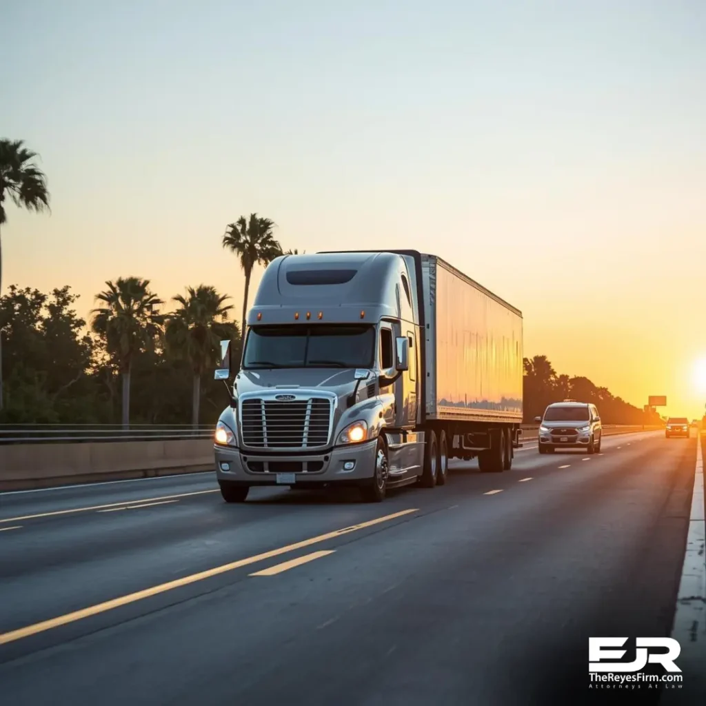 Semi-truck driving on a Florida highway at sunset alongside a smaller car, illustrating the risk of semi-truck accidents in Florida.