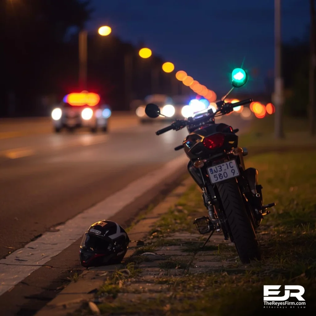Motorcycle and helmet on a Tampa roadside at night with police lights in the background, representing a DUI motorcycle crash near County Line Road.
