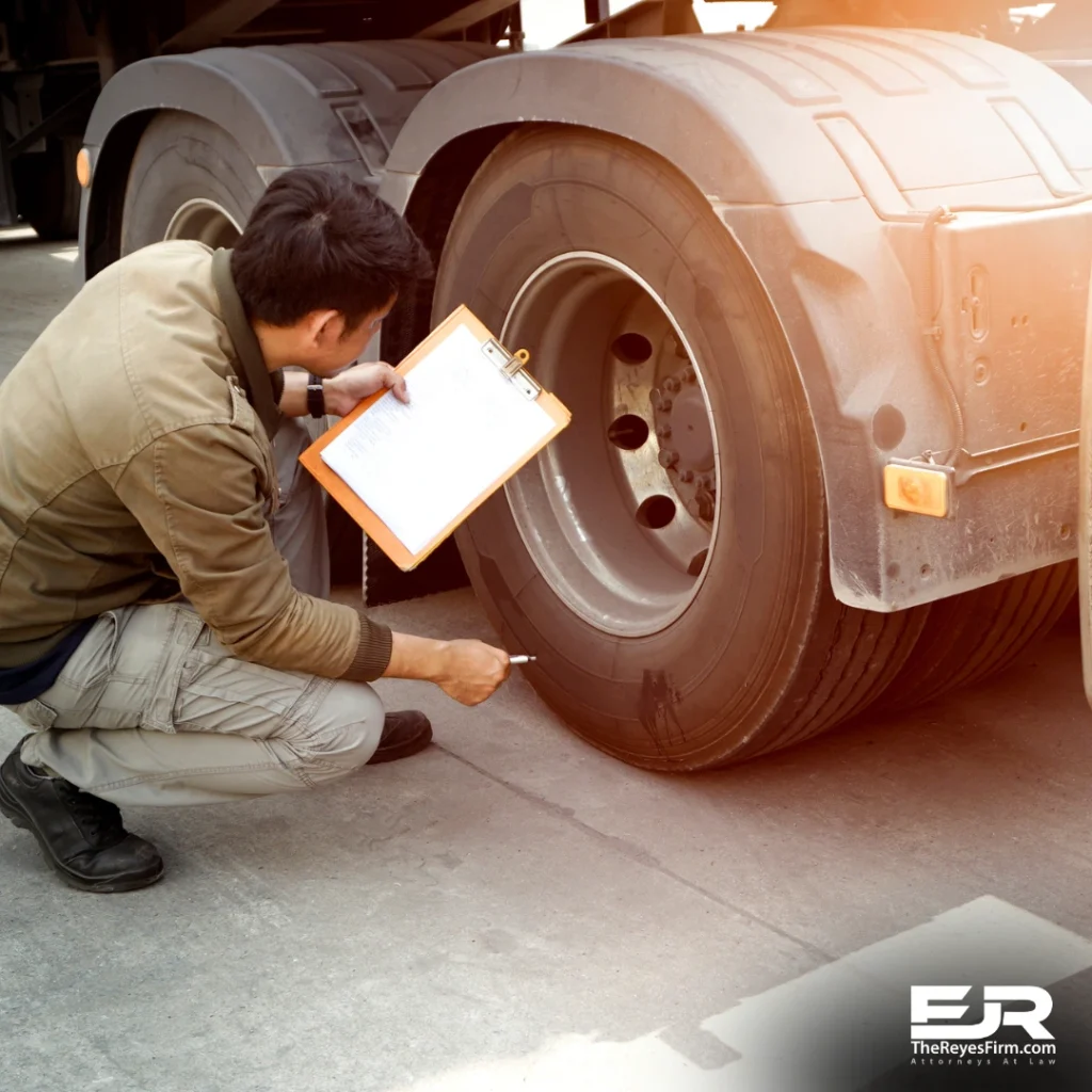 Inspector checking a semi-truck tire and wheel area with a clipboard, reviewing maintenance that could prevent a truck tire blowout accident and brake failure crash in Tampa.
