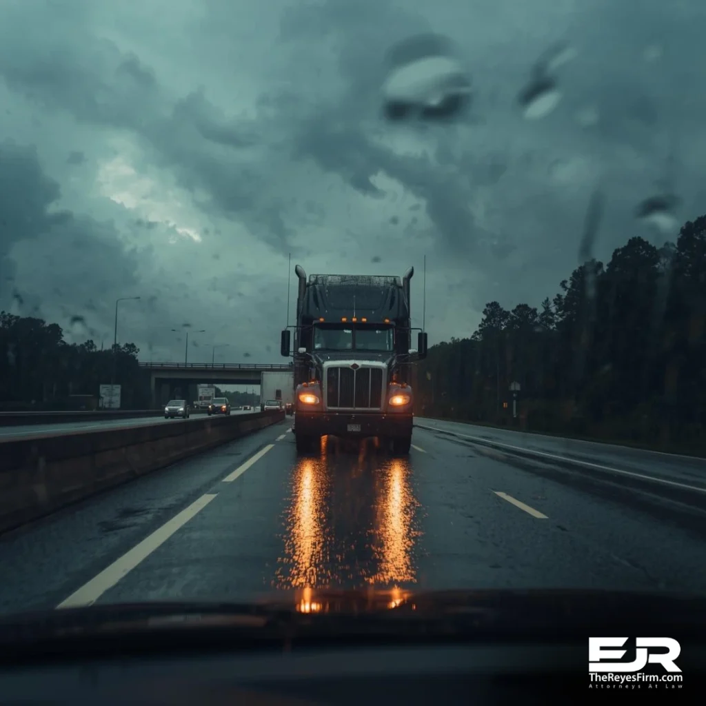 A dark, moody photo of a semi-truck driving on a wet Florida highway during a heavy rainstorm, viewed through a rain-streaked windshield.