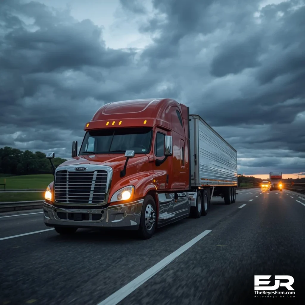 Semi-truck driving on I-75 under dark storm clouds, representing a fatal truck crash near Weston, Florida.