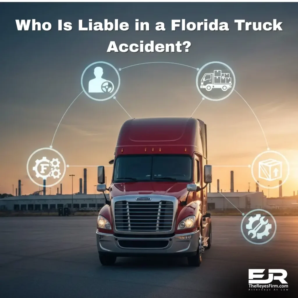 Featured image for a legal guide on who is liable in a truck accident in Florida, showing a semi-truck and icons representing multiple responsible parties.