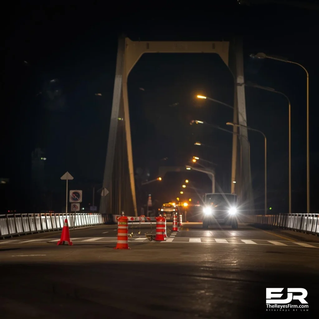 Nighttime view of the Howard Frankland Bridge with construction barrels and traffic cones, representing a work zone truck collision in Tampa Bay.