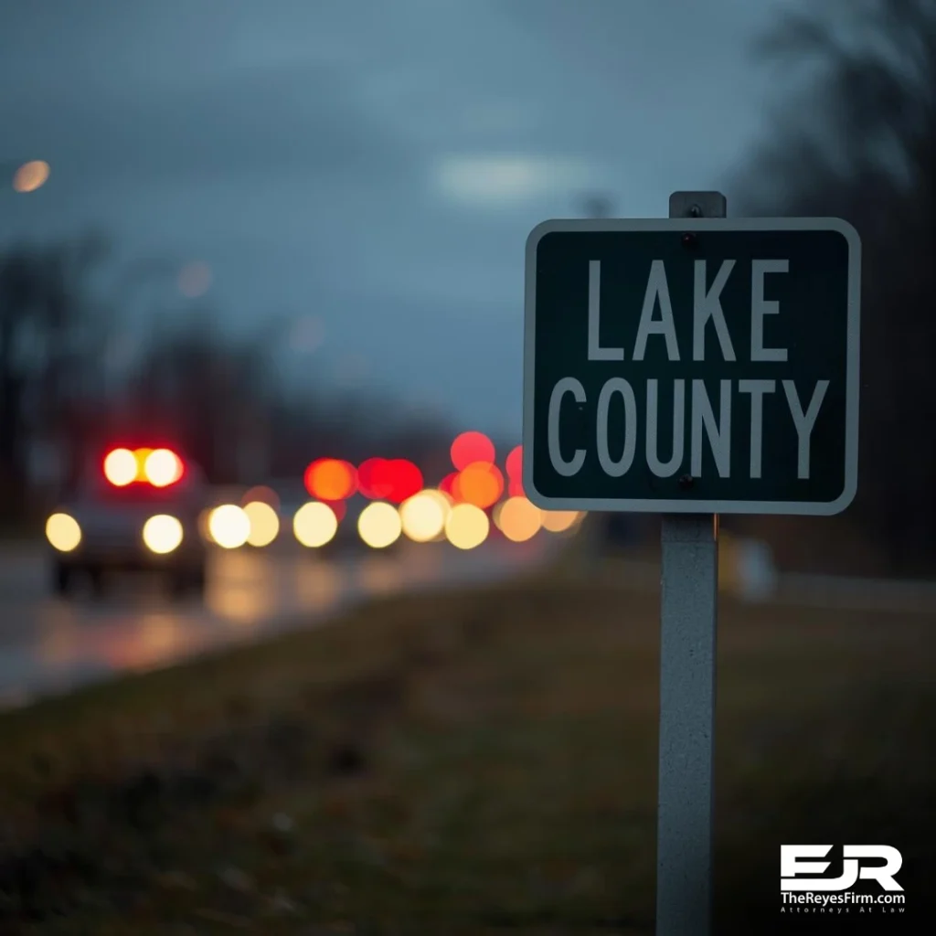 Lake County road sign with blurred emergency lights in the background, representing a multi-vehicle semi-truck crash in Lake County, Florida.