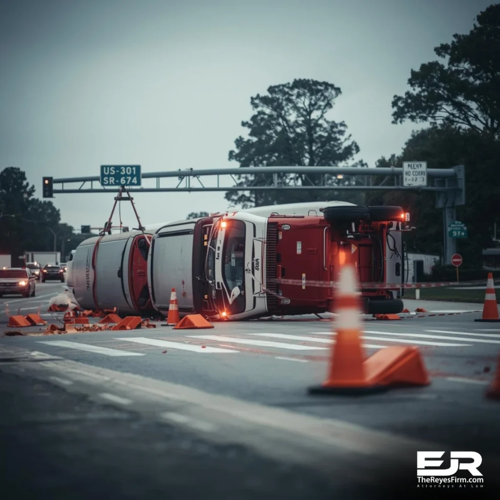 Overturned semi-truck with traffic cones near US-301 and SR-674 in Wimauma, Florida, representing steps that protect your injury claim.