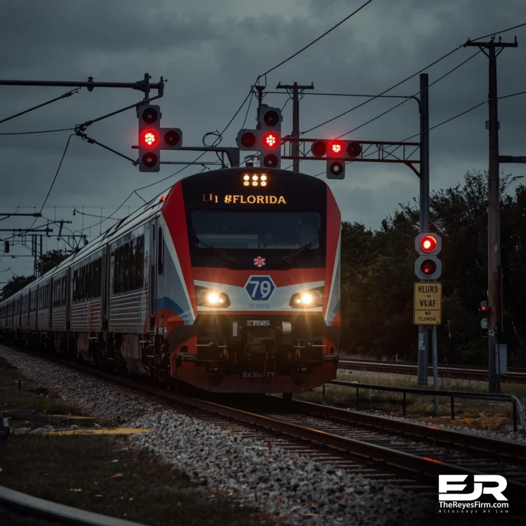 Passenger train approaching a rail crossing with red signal lights, representing a serious train crash and injury claims.