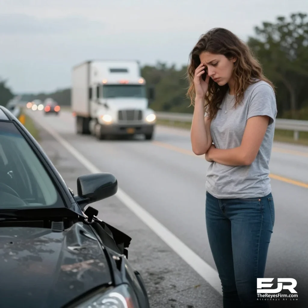 Teen semi truck accident injuries Florida: a worried teen driver stands by a disabled car on a Florida highway as a semi-truck passes in the background.