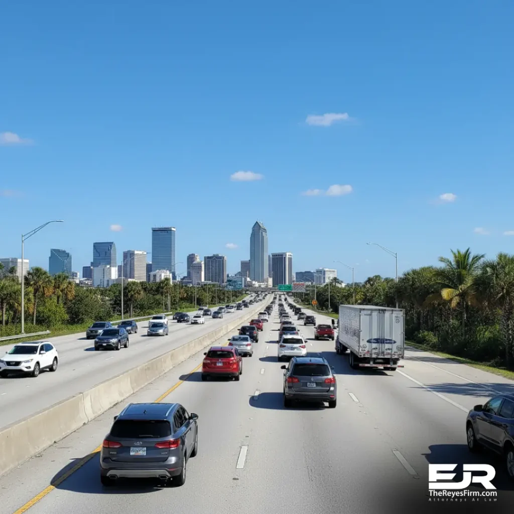 Tampa traffic with a commercial truck on a highway, used for a commercial truck accident attorney liability guide