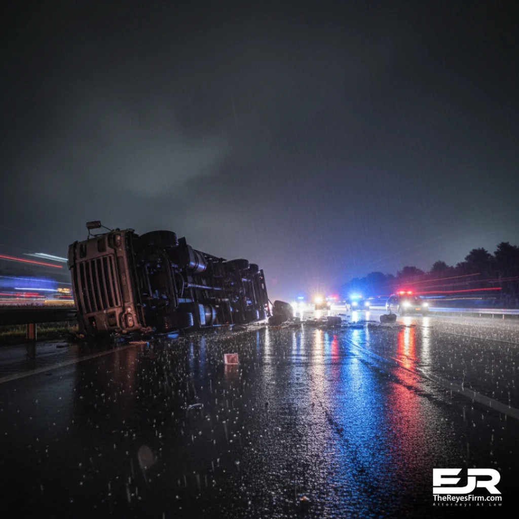 Overturned semi-truck with emergency lights at night, used as a stock image for a Cape Coral semi truck accident lawyer blog
