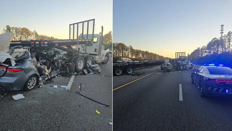 Crash scene on I-75 near Sun City Center, Florida, with Florida Highway Patrol and a tractor-trailer, Tampa truck accident lawyer blog.