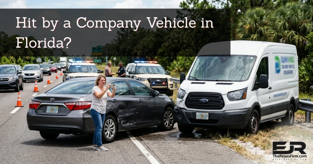 Featured image for a commercial vehicle accident lawyer in Florida article showing a crash between a passenger car and a company van, with police vehicles behind them and a woman documenting the scene.
