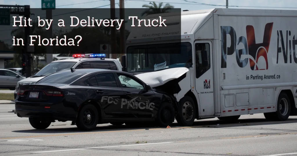 Illustration for article about being hit by a delivery truck in Florida, showing a delivery truck and damaged vehicle at a crash scene