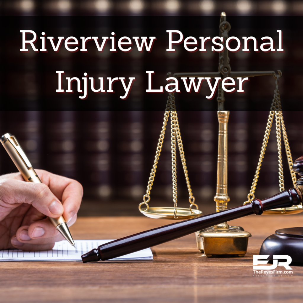 Riverview personal injury lawyer graphic for The Reyes Firm showing legal scales and branding for injury claims in Riverview, Florida