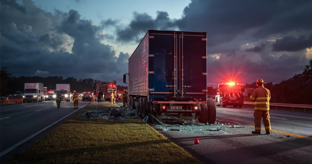 Semi-truck accident on Tampa highway at night with firefighters and emergency vehicles responding