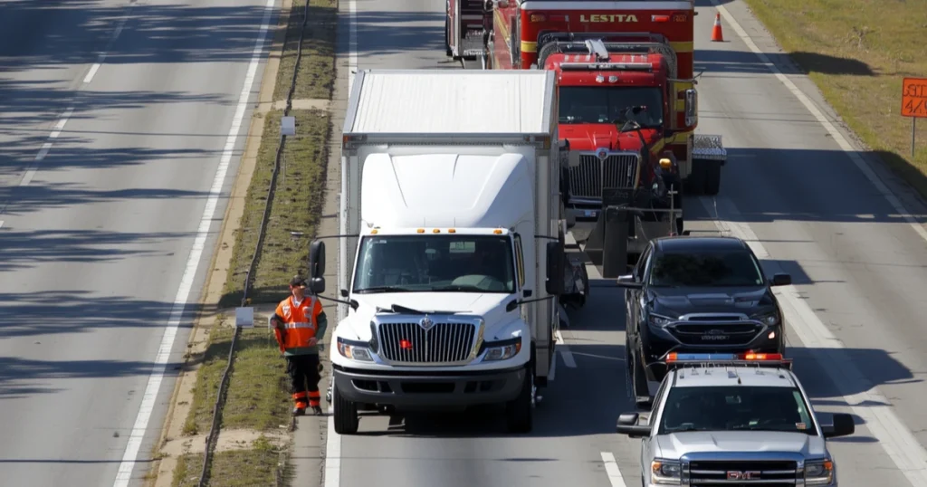Cargo van accident on a Tampa, Florida road with emergency vehicles present, for illustrative purposes only.