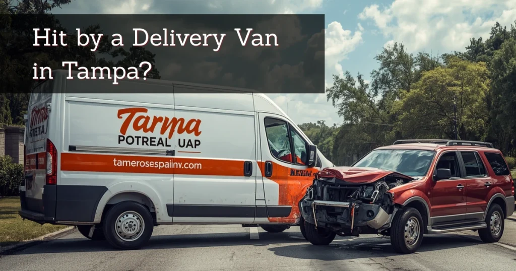 Illustrative image of a delivery van crash in Tampa, Florida for a blog about liability after an Amazon, FedEx, UPS, or other delivery van accident.