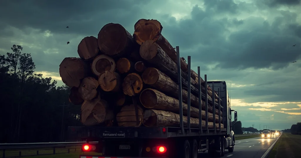 Unsecured cargo timber logs protruding from the rear of a flatbed truck on a Florida highway, for illustrative purposes only