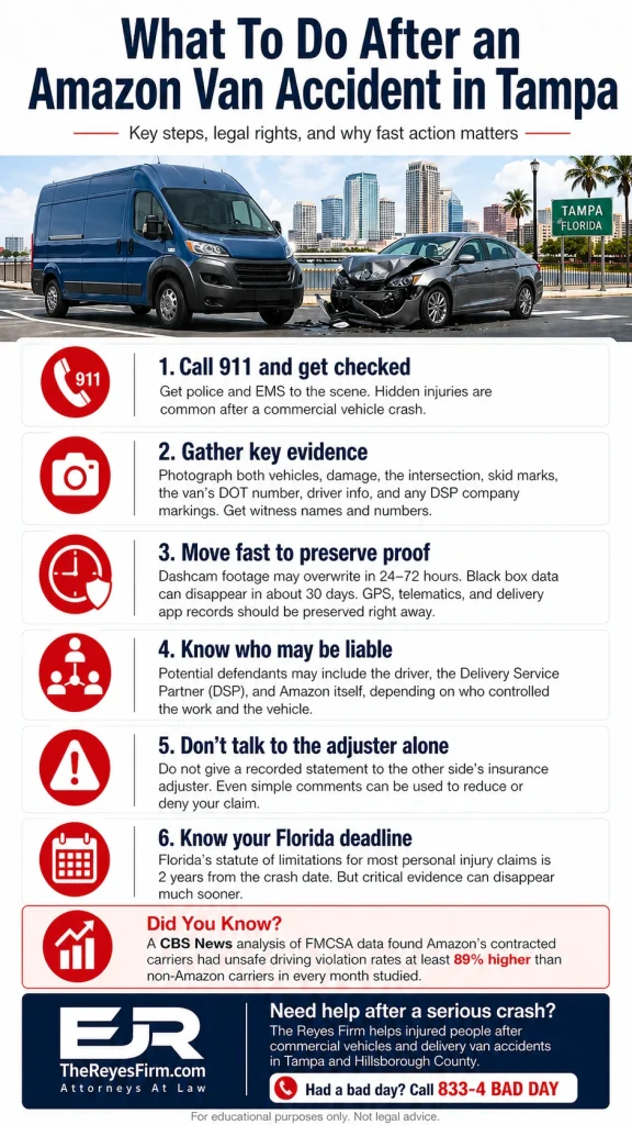 Infographic showing 6 steps to take after an Amazon van accident in Tampa, Florida. Includes call 911, gather evidence, preserve proof, know liability, avoid talking to adjusters, and Florida statute of limitations. Features a photo of a delivery van colliding with a car, “Did You Know?” statistics, and a call-to-action footer with The Reyes Firm branding.