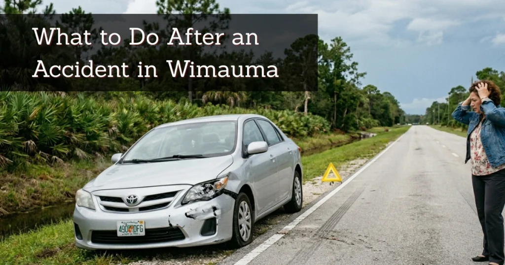 Illustrative image for a Wimauma personal injury lawyer article showing a damaged car on a rural Florida road after an accident