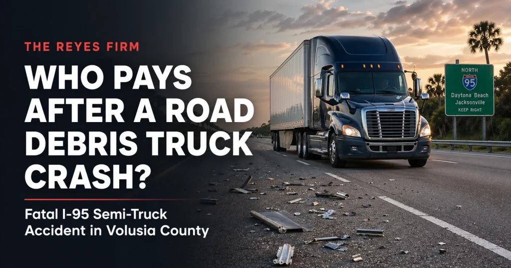 Semi-truck on I-95 in Florida with metal road debris on the highway, used for a legal blog about a fatal Volusia County semi-truck accident caused by roadway debris.