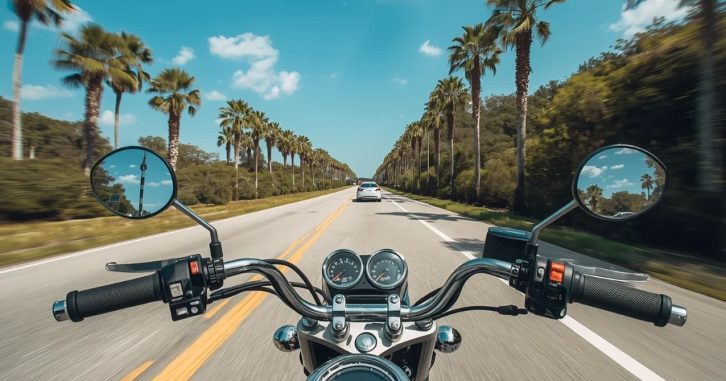 A motorcycle rider cruising down a palm-lined Florida highway, representing the roads where Plant City and Hillsborough County motorcycle accidents happen, illustrative purposes only