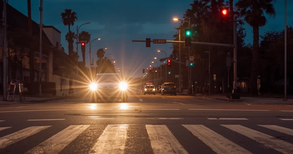 A car approaching a pedestrian crosswalk at night in Tampa, Florida, illustrating the danger of pedestrian accidents. Illustrative purposes only.