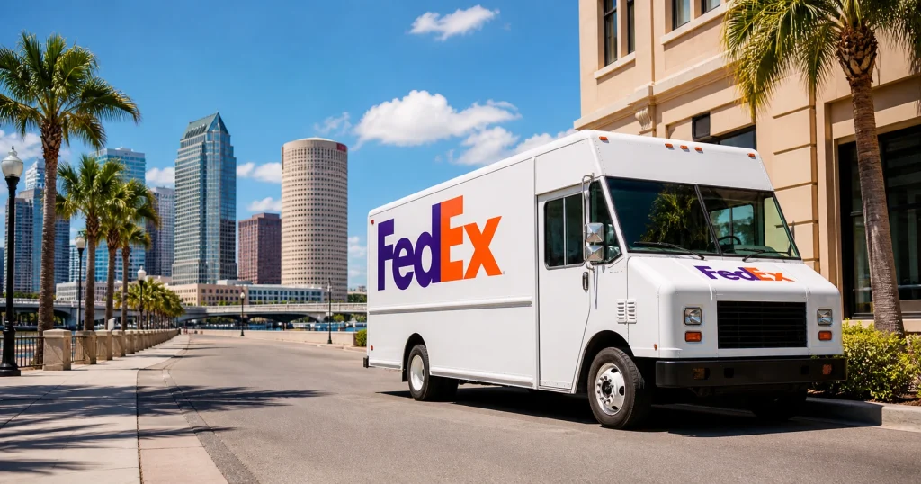 A FedEx delivery truck parked on a Tampa, Florida street; for illustrative purposes only.