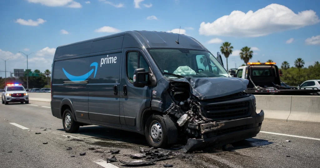 Amazon delivery van involved in a traffic crash on a Florida highway, for illustrative purposes only.