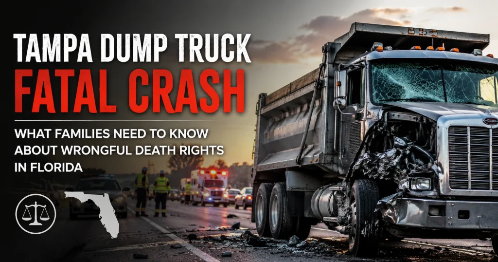 Florida road with a commercial dump truck and emergency vehicles after a crash, for illustrative purposes only