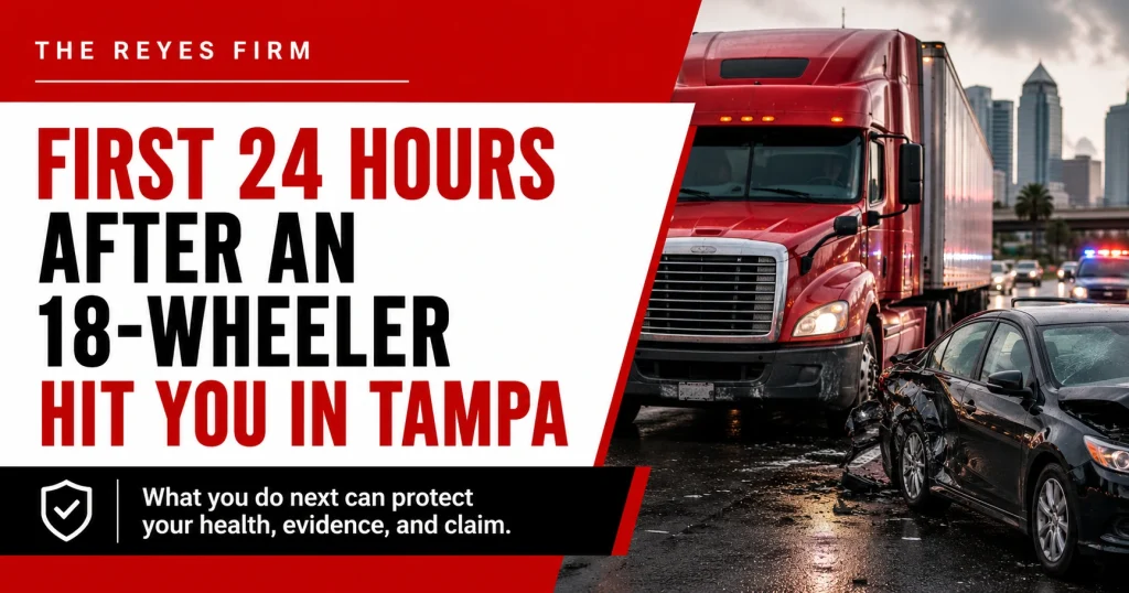 Featured image for a Tampa 18-wheeler accident blog showing a semi truck crash scene, for illustrative purposes only.
