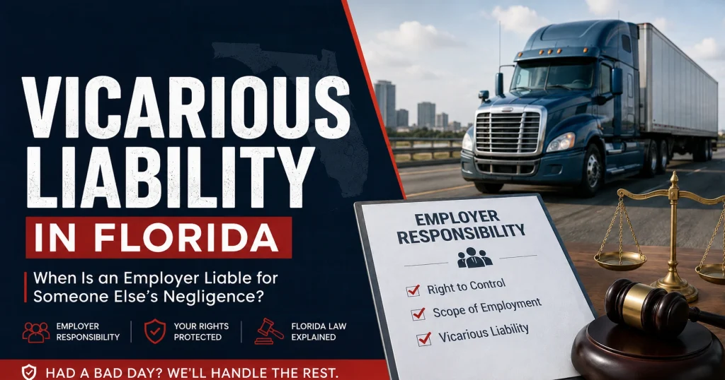 Vicarious liability in Florida graphic showing a commercial truck, employer responsibility checklist, and legal symbols for The Reyes Firm blog.