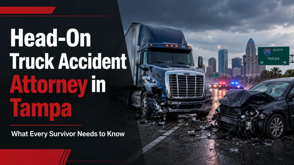 Featured image for a blog about hiring a head-on truck accident attorney in Tampa after a serious semi-truck or commercial vehicle crash.