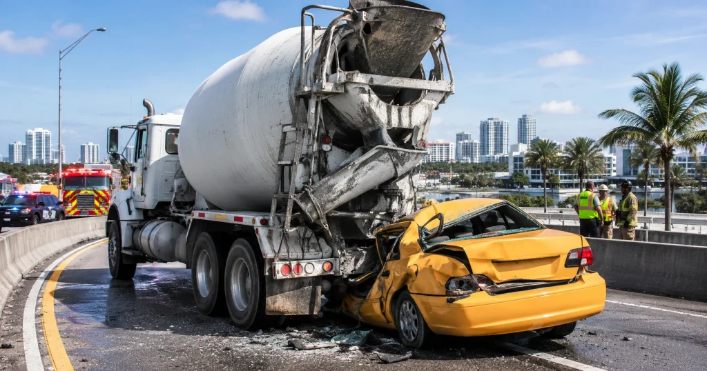 Cement truck and passenger vehicle crash on a Florida highway ramp with emergency responders nearby, for illustrative purposes only.