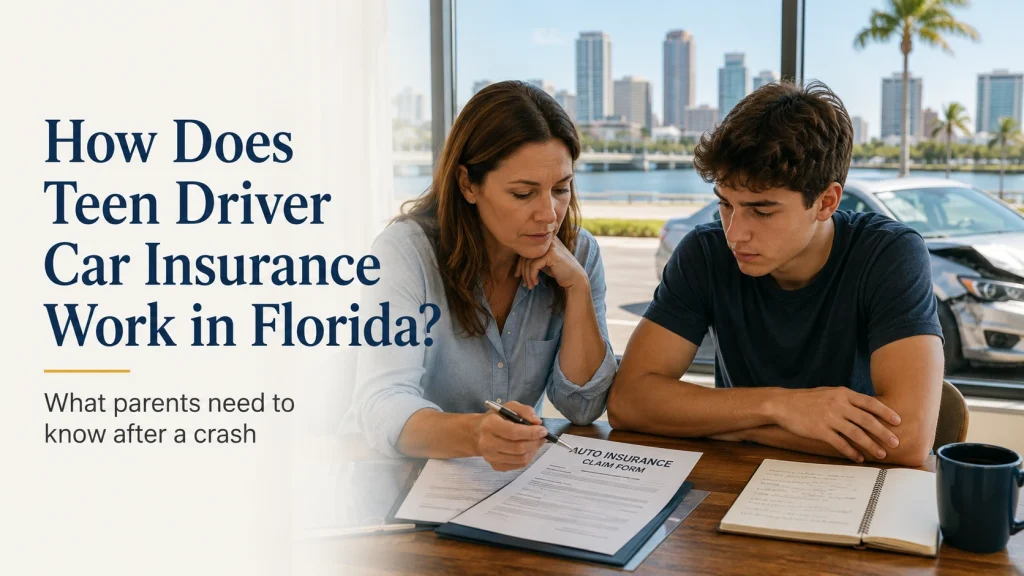 Tampa parent reviewing car insurance documents with a teen driver after a Florida crash, for illustrative purposes only.