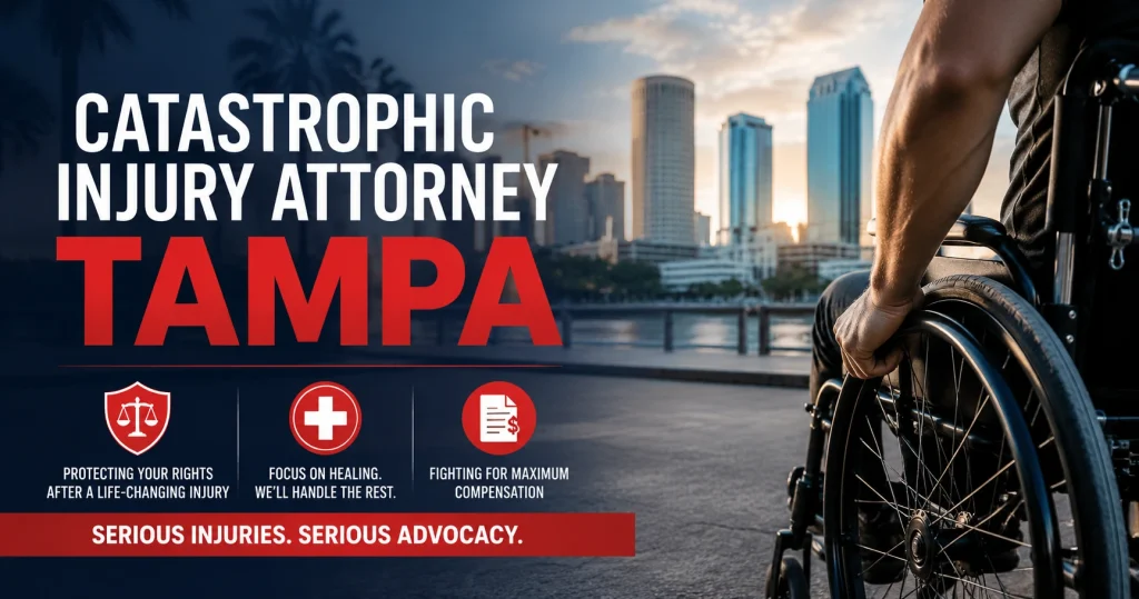 Featured image for a catastrophic injury attorney Tampa article showing a wheelchair user with the Tampa skyline, for illustrative purposes only.