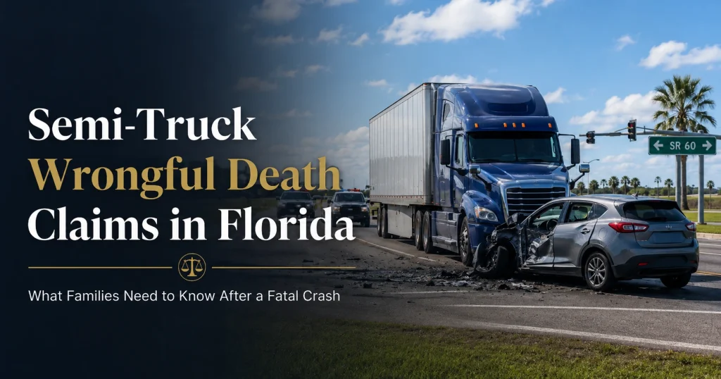 Featured image for a legal guide about semi-truck wrongful death claims in Florida, showing a serious semi-truck and passenger vehicle crash scene with text explaining what families need to know after a fatal crash.