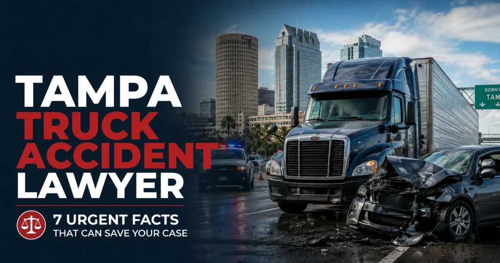 Tampa truck accident lawyer featured image showing a commercial semi-truck and damaged passenger vehicle on a Florida highway, representing legal help from The Reyes Firm after a serious truck crash.